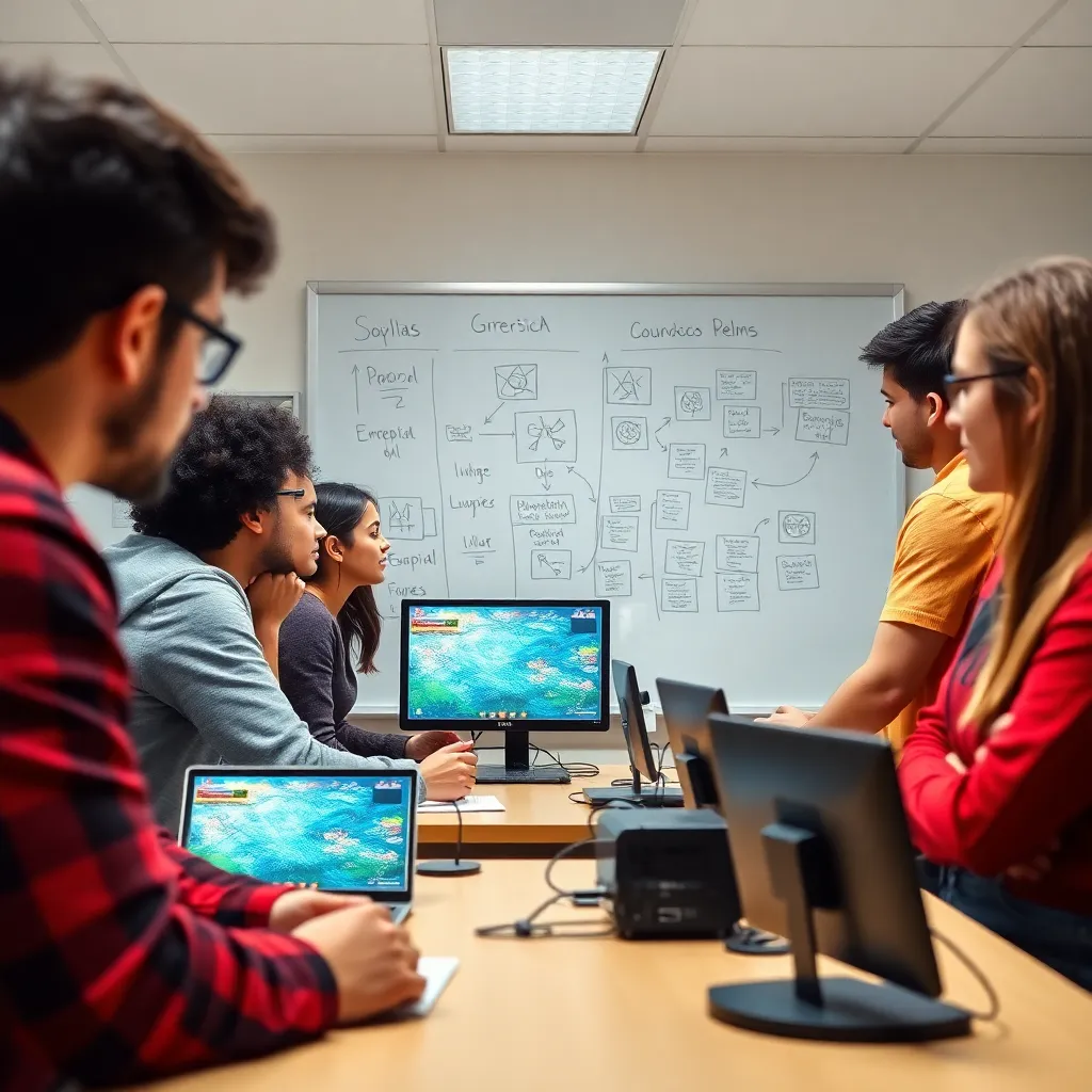 Grupo estudiando mecánicas de juego con diagramas y ordenadores
