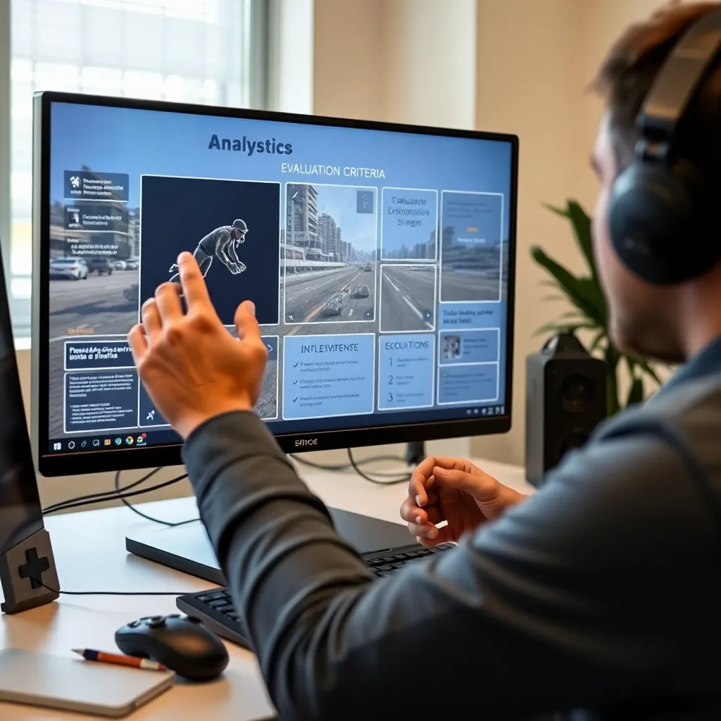 Profesional evaluando críticamente un videojuego con una rúbrica de análisis detallada