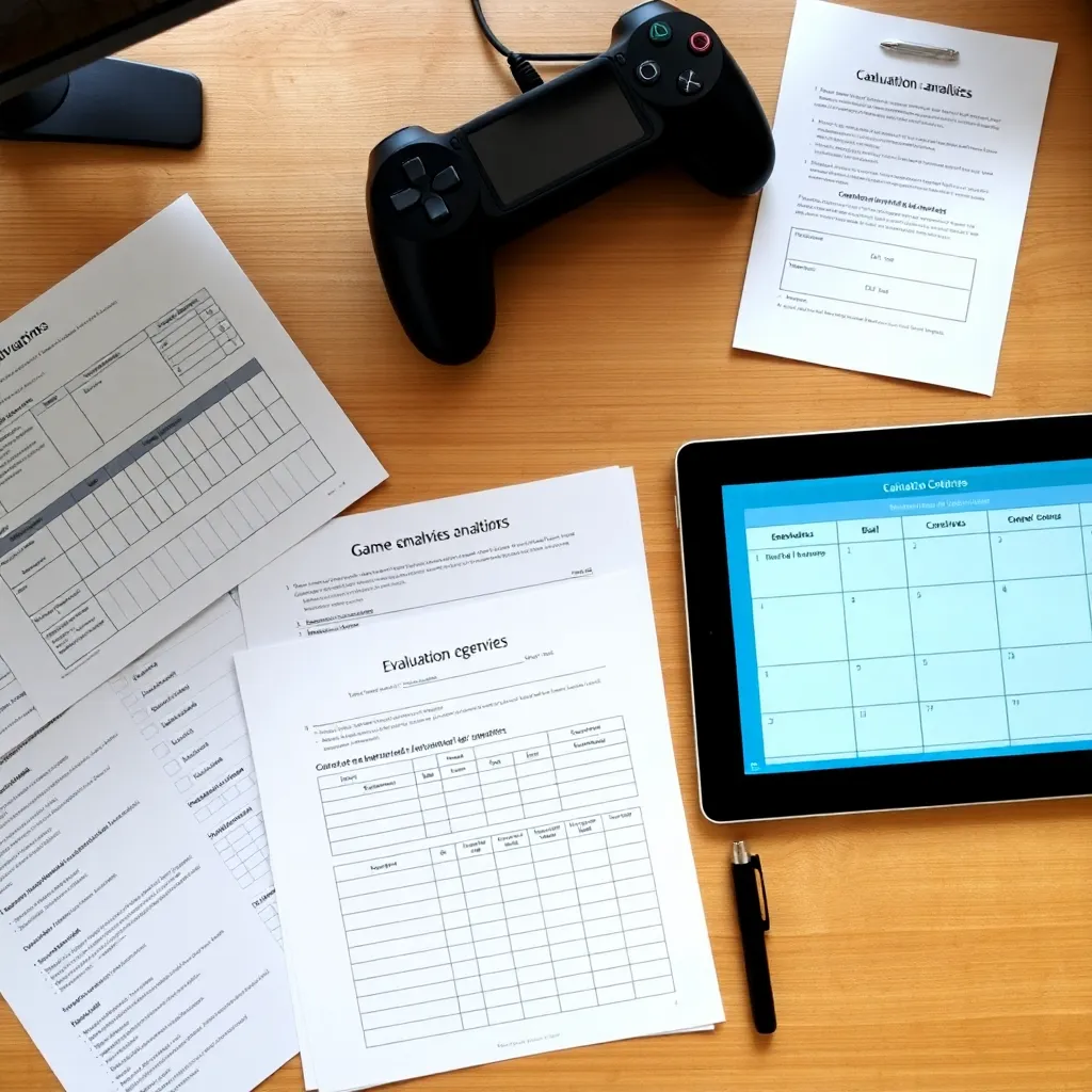 Analista desglosando los componentes de un juego con diagramas y esquemas en una mesa de trabajo