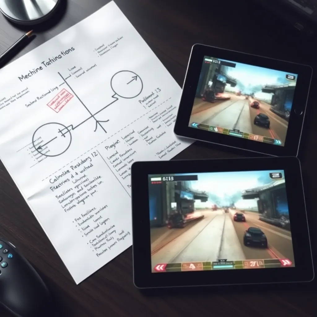 Analista investigando información sobre un videojuego en una tablet mientras toma notas en un cuaderno