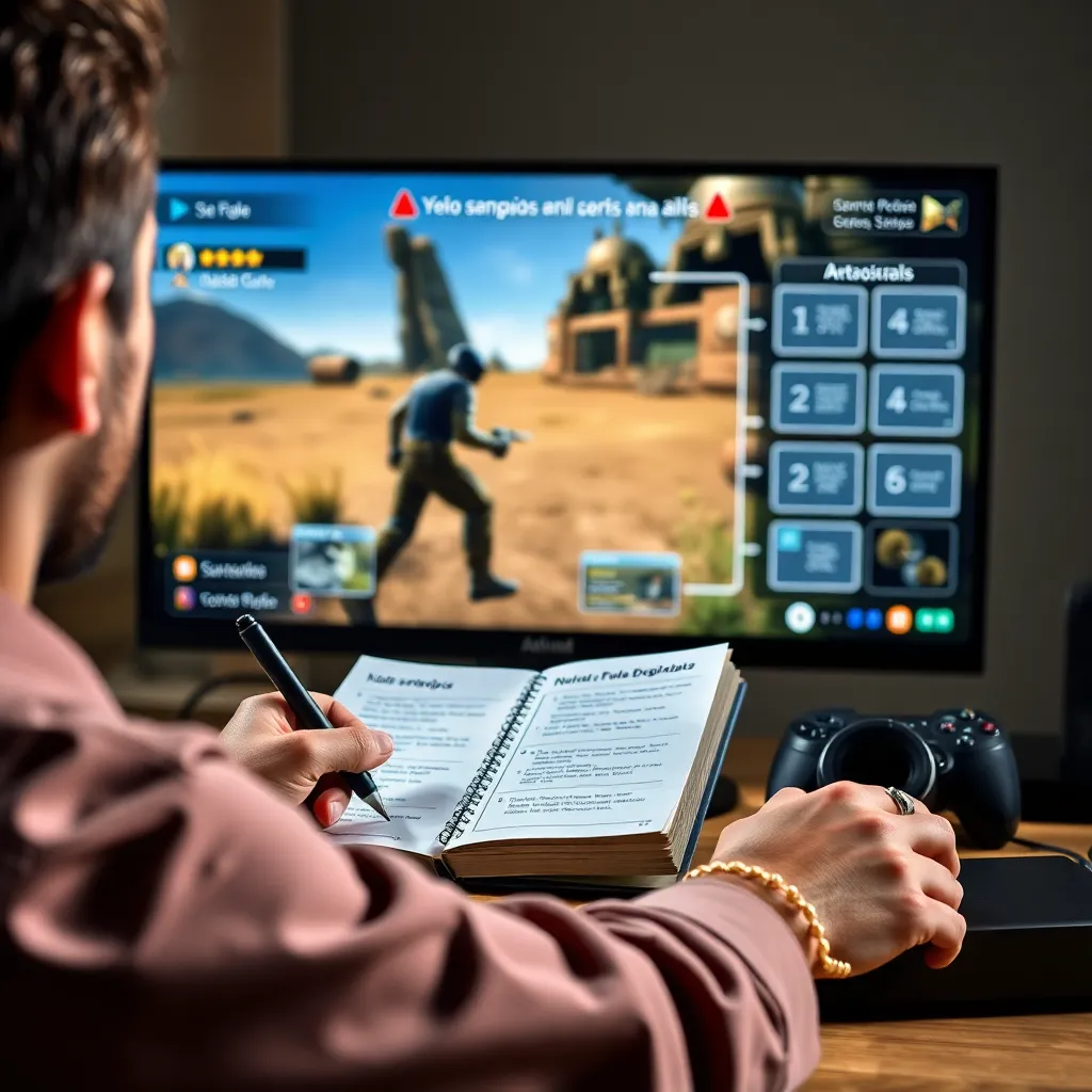 Persona evaluando gameplay en una pantalla con notas