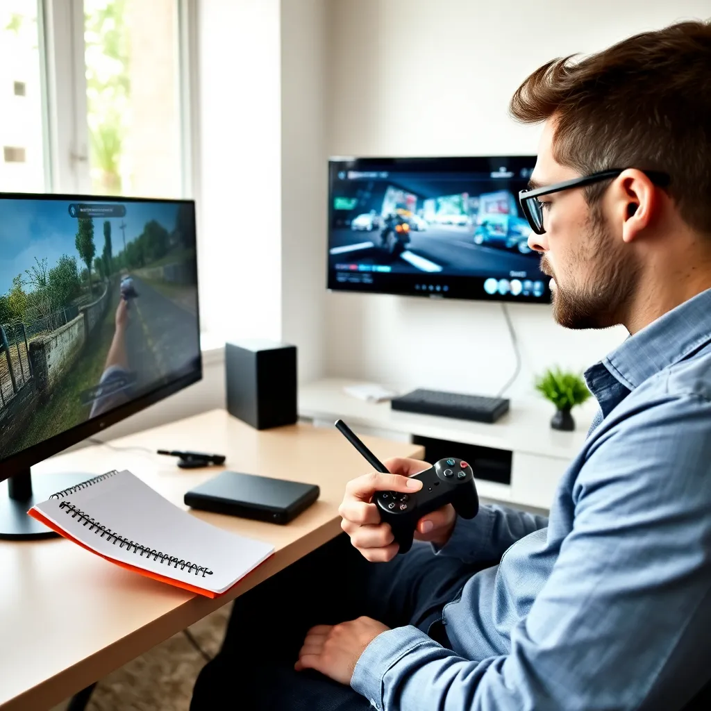 Profesional analizando un videojuego con notas y pantalla