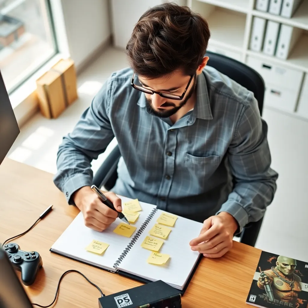 Escritorio con herramientas de análisis de videojuegos: notas, pantalla y controladores