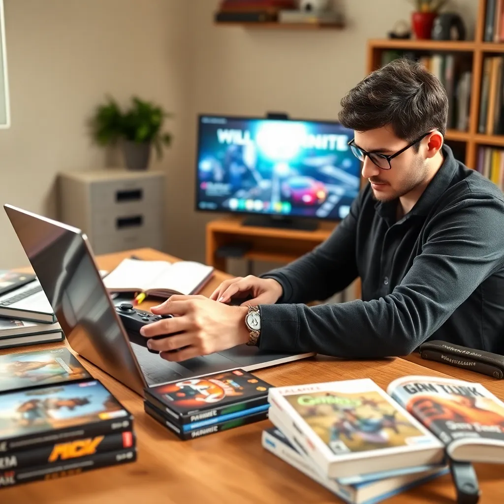 Crítico de videojuegos escribiendo en su ordenador con juegos y notas alrededor