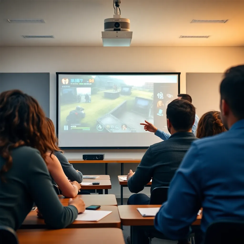 Profesor explicando narrativa de videojuegos a estudiantes atentos