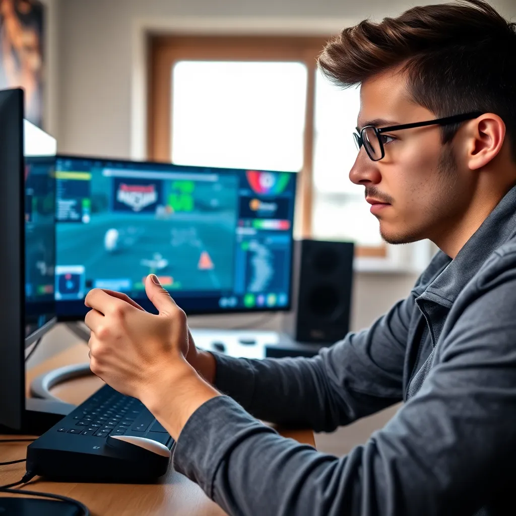 Jugador analizando mecánicas de juego en una pantalla con controlador