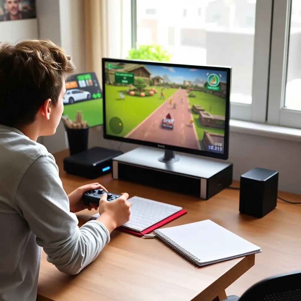 Persona analizando videojuegos con notas y pantalla de juego